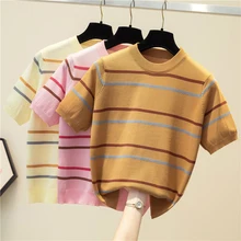 Aliexpress - LJSXLS Short Sleeve Knitted Women’s Sweater Fashion Striped Sweaters Pullover Clothes Summer Loose Casual O-Neck Top Femme 2021