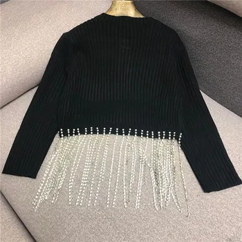 

High-End Custom Heavy Handmade Rhinestone Chain Fringe Cropped Knit Cardigan Jacket Women's Black Cardigan Woman Nancylim