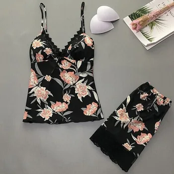 

Summer 2 Piece Suit Women's Sleepwear Sexy Satin Pajama Set Lace V-Neck Pyjamas Sleeveless Flower Print Cute Cami Top And Shorts