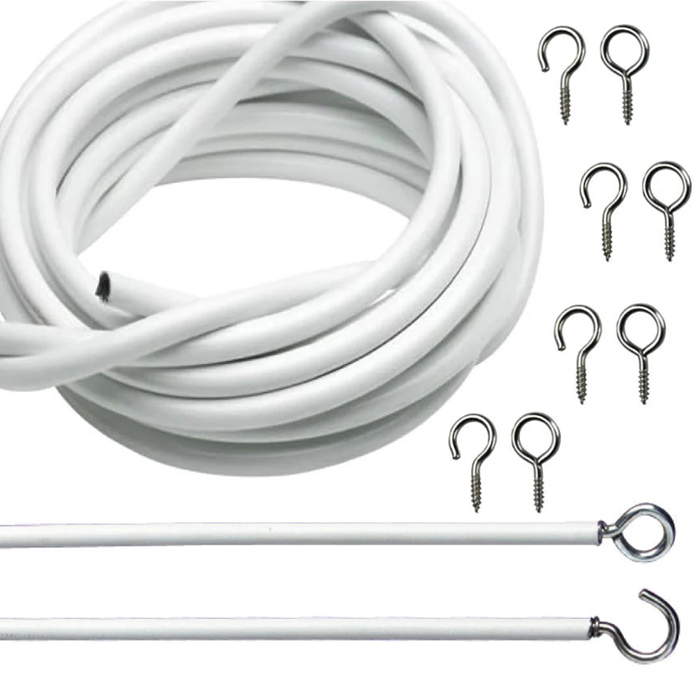 Net Curtain Wire Window Cord White Cable Hooks & Eyes Choose From 500mm 30M 