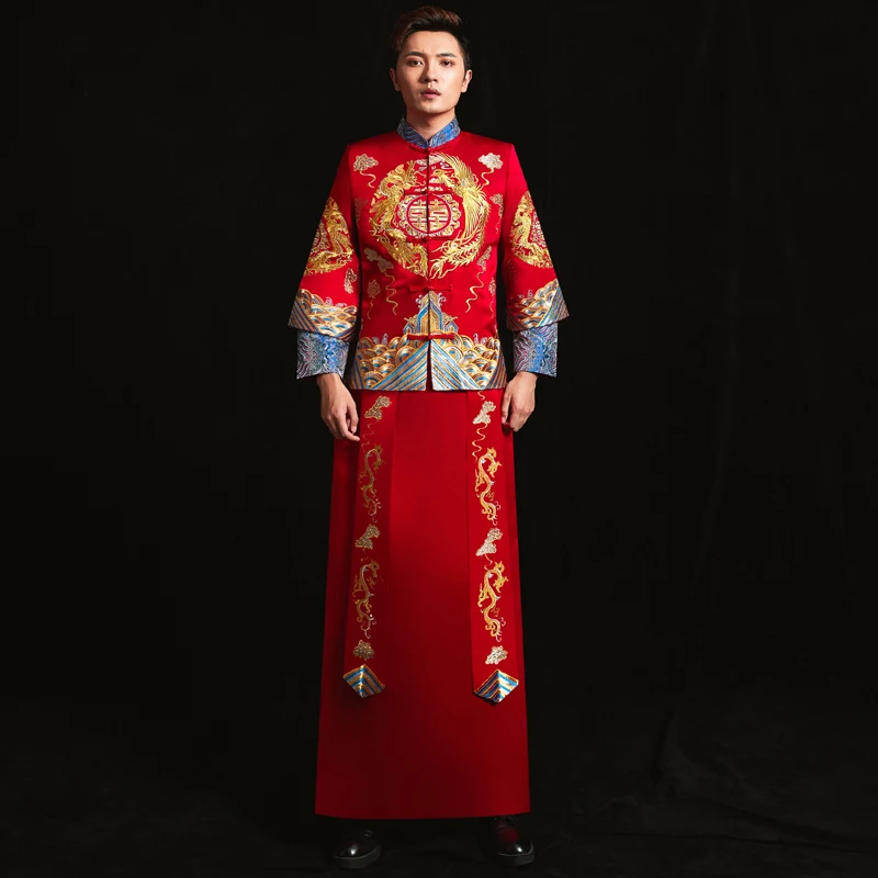 

Mandarin Collar Cheongsam For Men Red Vintage Wedding Bridegroom Costume Suzhou Dragon Phoenix Embroidery Long Robe Gown