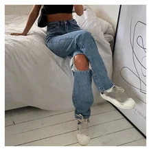 

Spring Autumn Ladies Fashion Ripped Jeans Thin Trend Straight Pants Trousers Ins Style Womens Plus Size Jeans