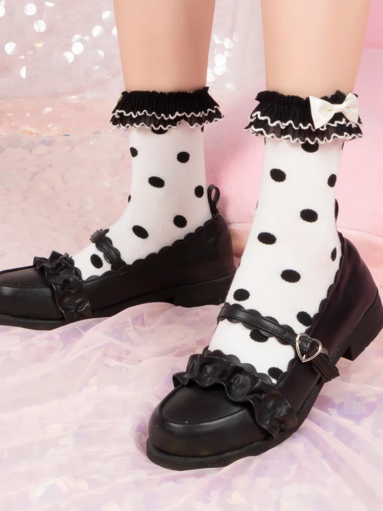 Японские кружевные хлопковые носки в стиле ретро с оборками и круглым бантом; милые женские носки в стиле Лолиты