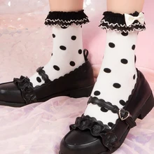 Японские кружевные хлопковые носки в стиле ретро с оборками и круглым бантом; милые женские носки в стиле Лолиты