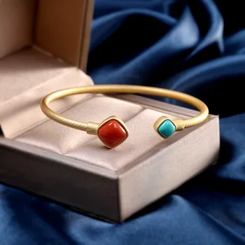 

S925 Sterling Silver Ornament Gold-Plated Fashion Women's Open Red Agate Bracelet