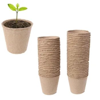 

50 Pieces 6cm Garden Round Peat Pots Plant Seedling Starters Cups Pulp Nursery Herb Seed Tray Planting Tools Light Brown