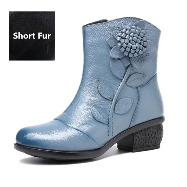 Blue with fur CEYANEAO/женские ботинки из натуральной кожи в стиле ретро; зимние высокие сапоги; Осенняя Женская Повседневная зимняя обувь на высоком каблуке - Цвет: Blue with fur