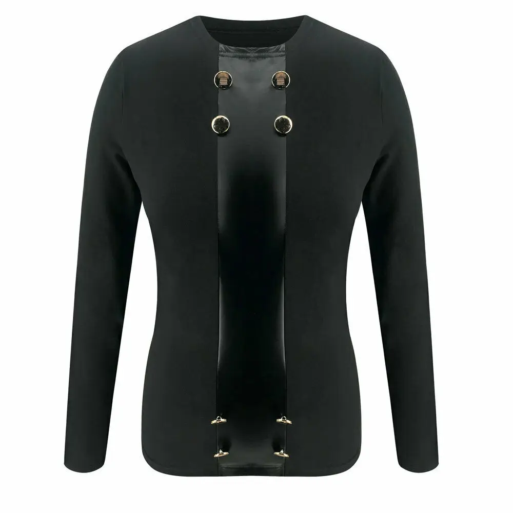 Сексуальные элегантные тонкие женские футболки из искусственной кожи с длинным рукавом и круглым вырезом, черные футболки, топы, Клубные футболки для вечеринок - Цвет: Черный