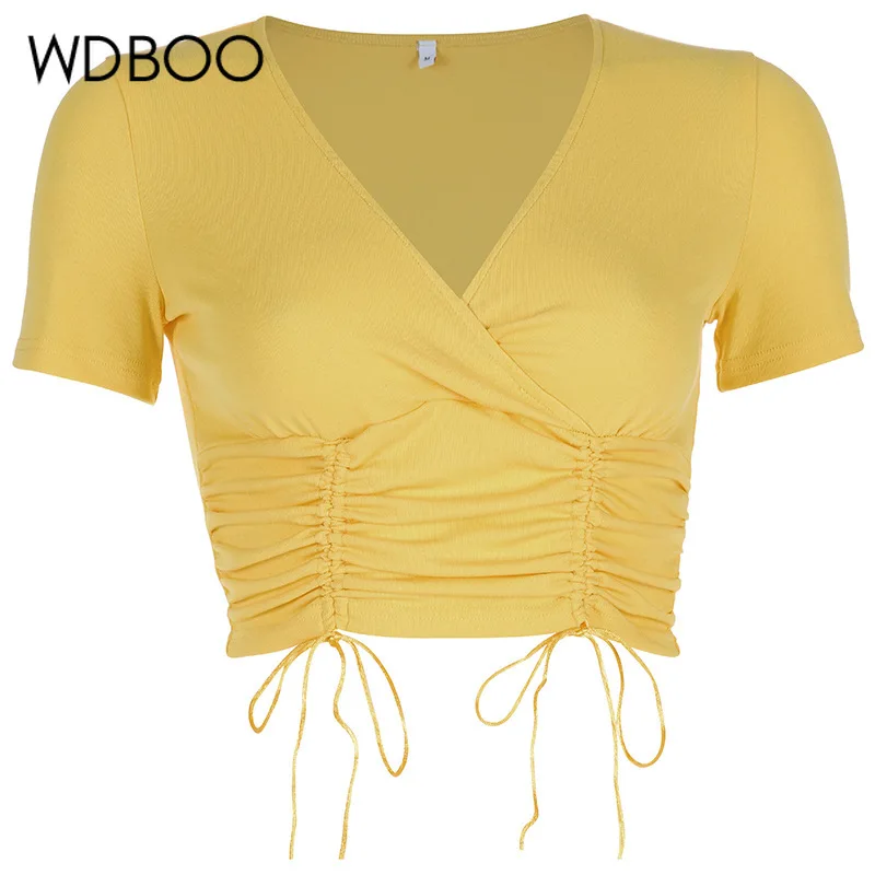 

WDBOO V Neck Double Cinched Short Yellow Cotton T Shirt Women Casual Elegant Bodycon Pleat Waist Crop Top Tees