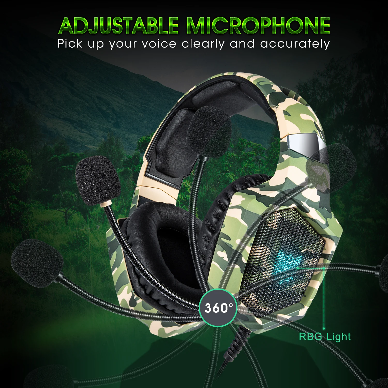ONIKUMA K8 RGB Gaming Headphone PC Ps4 Headset with Mic Over Ear Camouflage Noise Cancelling with Adapter Wired Headset for Xone