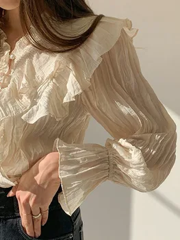 

Blouse woman 2020 new lotus leaf blouse women solid color blouses women casual pleated blouse shirt short blouse long sleeve