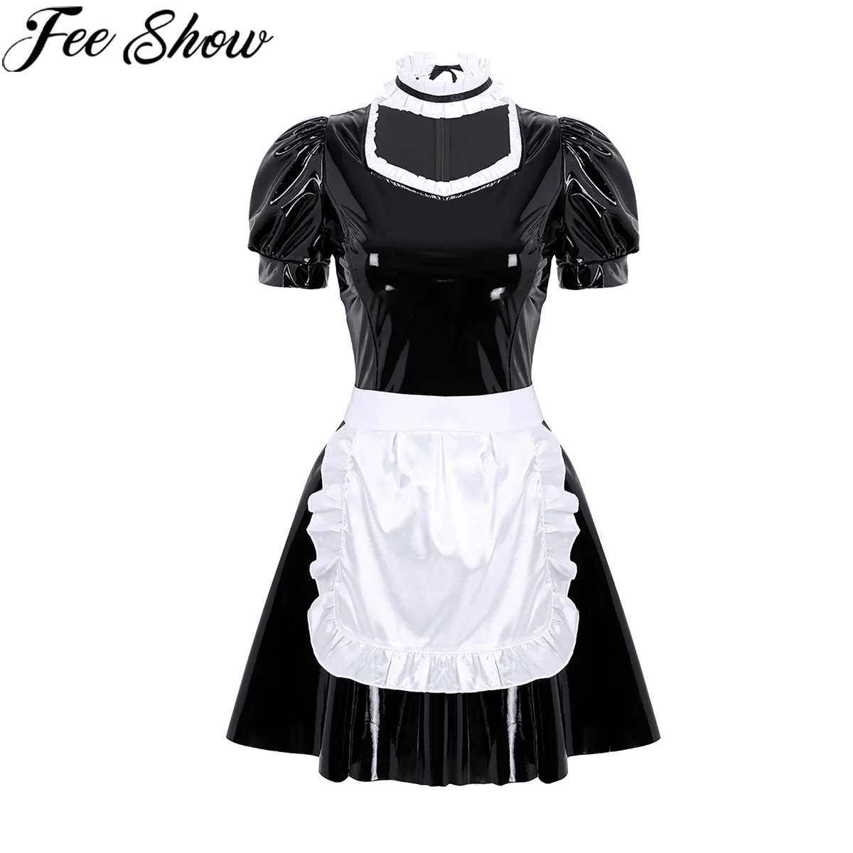 

FEESHOW 3Pcs Women Adults French Maid Cosplay Costume Outfit Square Neck Puff Sleeve A-line Patent Leather Dress Apron Headband