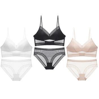 

Women French Bra Panties Set Sexy Backless Invisible Wireless Bralette Striped Polka Dot Sheer Mesh Lace Thong Underwear