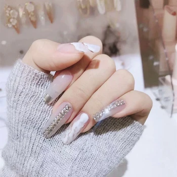 

24pcs Long Coffin Fake Nails with Rhinestone Design Full Nail Tips with Hill Pattern Milk White False Nails Ins Fashion