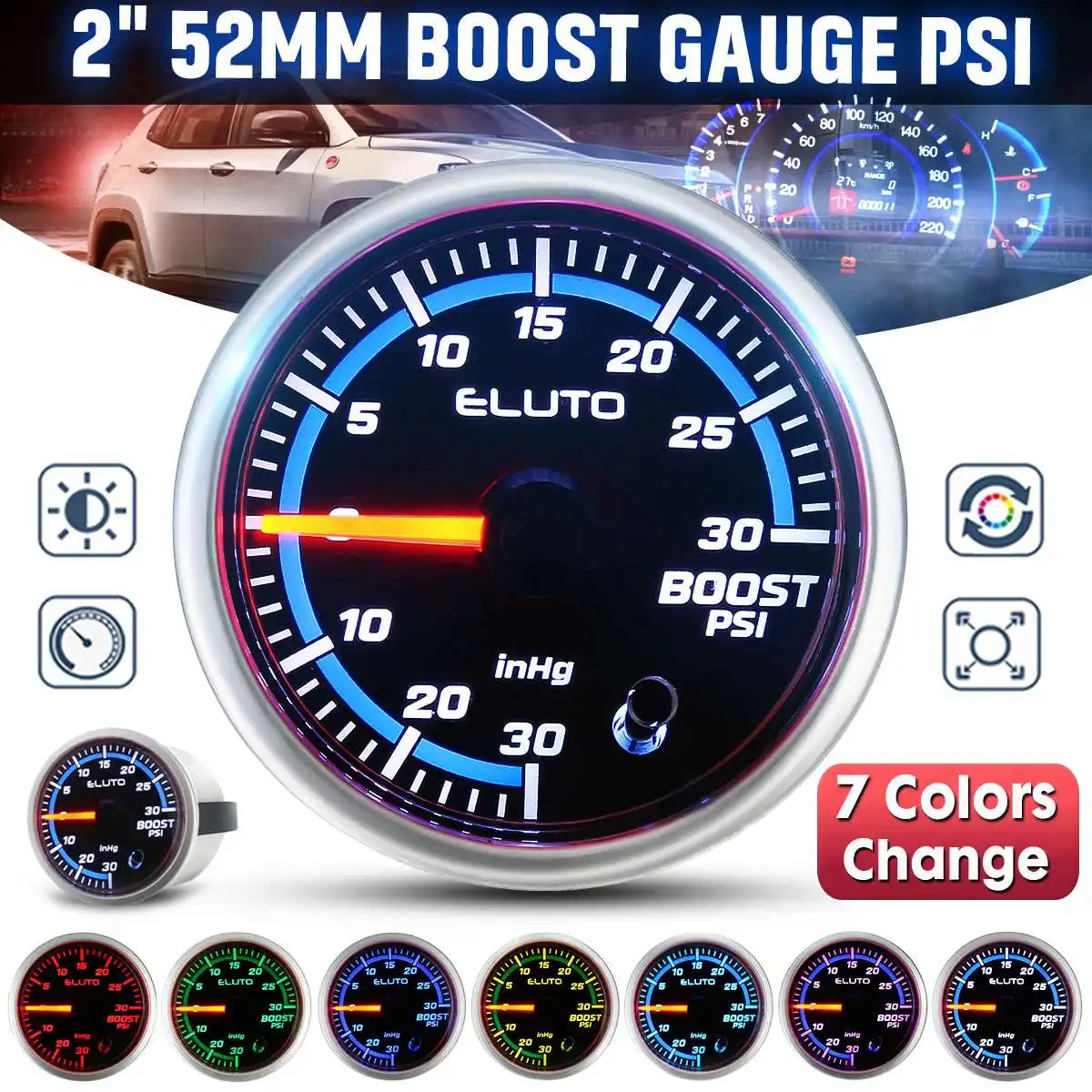 Universal 12V LED Digital Turbo Boost Gauge Meter Car Vehicle Modification Accessory 2 52mm Turbo Boost Gauge with 7 Color 