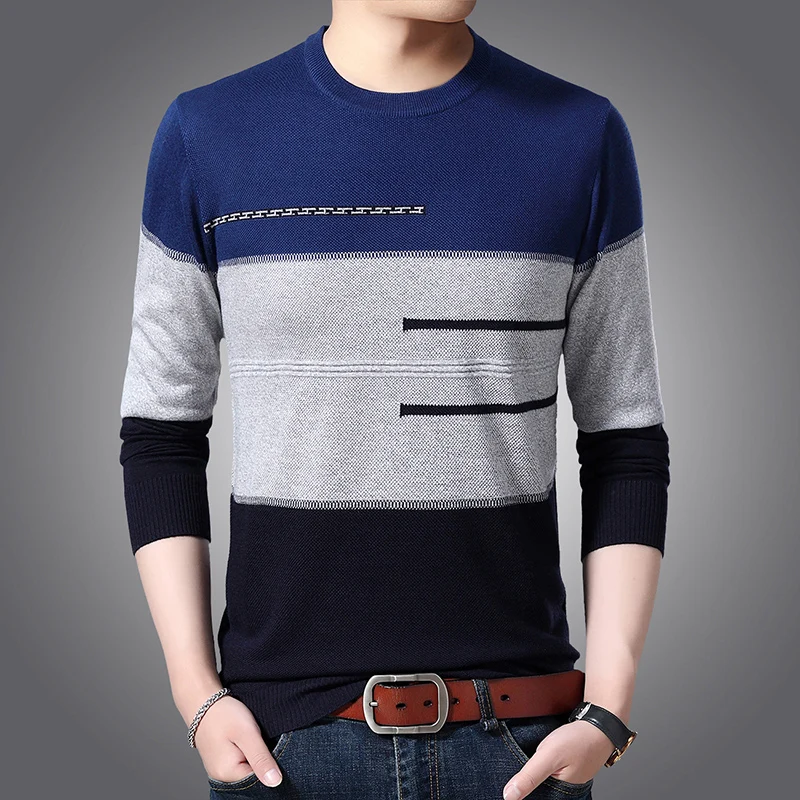 Новинка, модные брендовые мужские свитера, пуловер с круглым вырезом, в полоску, облегающие вязаные Джемперы, зимние, корейский стиль, повседневная мужская одежда