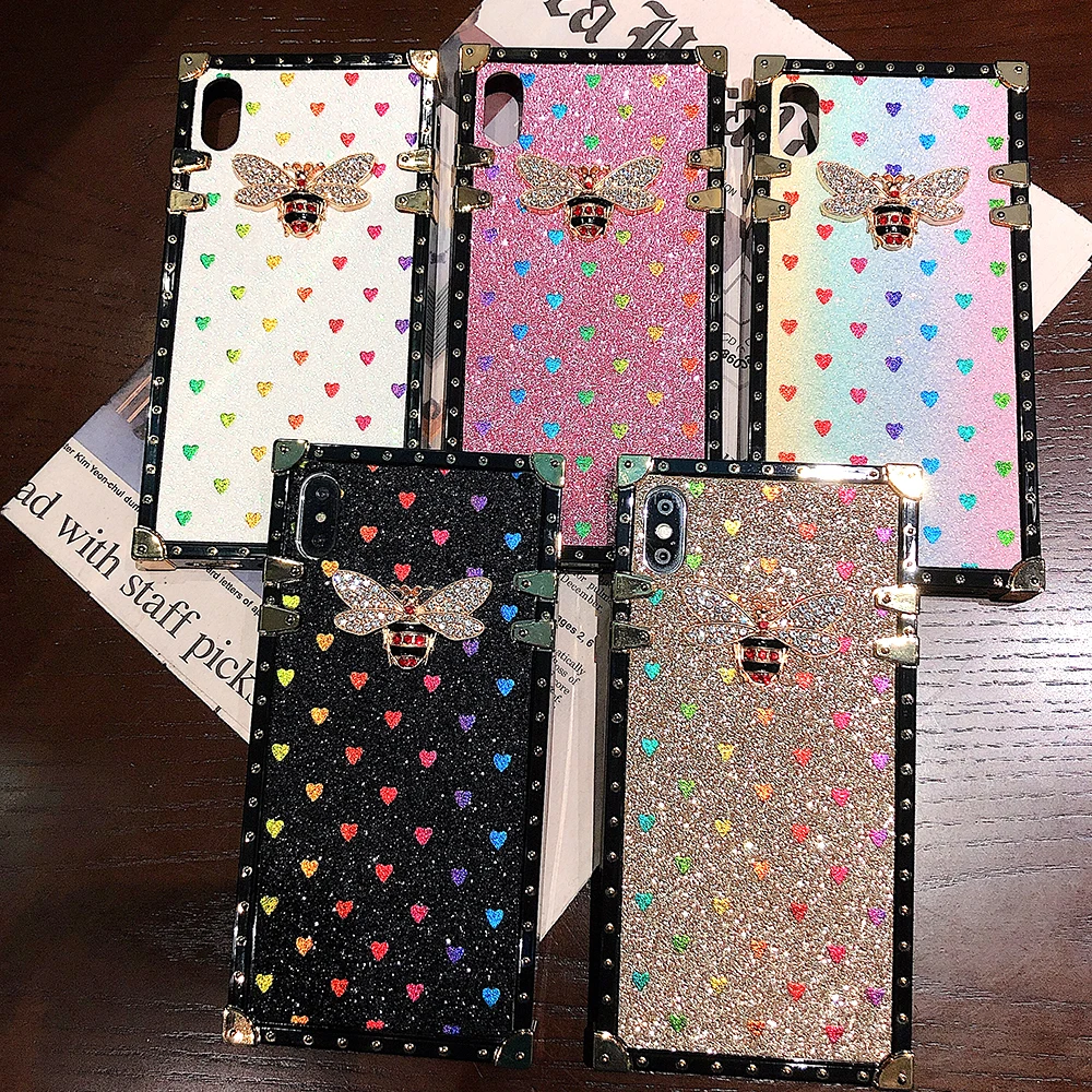 

Fashion Female phone case for iPhone X XR xs max Square Dazzle heart bee back shell for iPhone 7 8 8plus