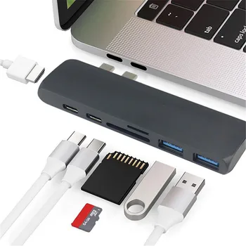 

Double USB C To 4K HDMI 2 USB 3.0 SD/TF Card Reader 2 Type c 7 In 1 Hub Adapter With Power Adapter USB Hub High Speed for PC