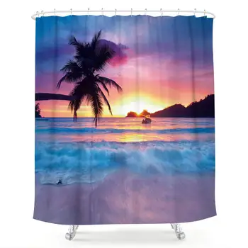 

Beach Shower Curtain Ocean Sunrise Tropical Palm Tree Island Hawaiian Sunset Sea Waves Summer Bathroom Home Decor Set Waterproof