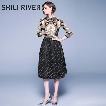 

2020 new spring autumn runway designer shirt dress for women long sleeves slim casual paisley retro elegant pleated full dresses