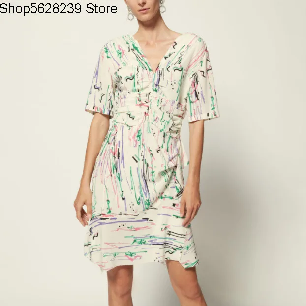 

Isa~2020 Summer V Collar Slim Fit Folds Printing Short Sleeve Women's Wear Dress 20013