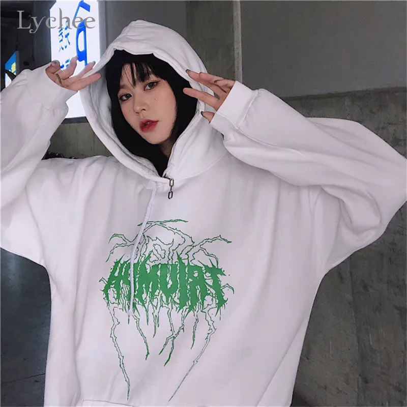 Lychee Harajuku повседневные свободные женские флисовые толстовки молния письмо Женская флисовая толстовка с капюшоном Осенняя Женская толстовка с капюшоном флисовый Топ