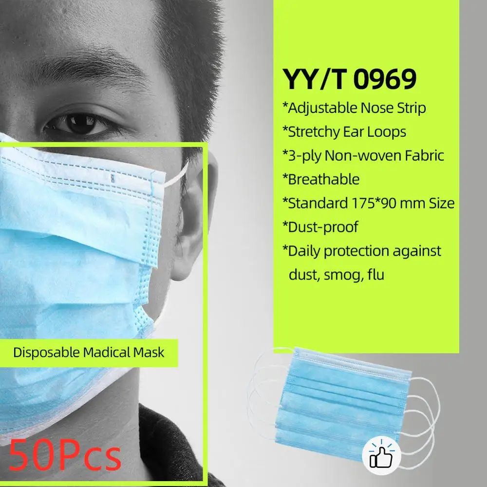 

50Pcs/Box Mask Face Mask Filtration 3-Layer Protective Mouth Against Dust Breathable Protection Particles Non-woven Nose Cover