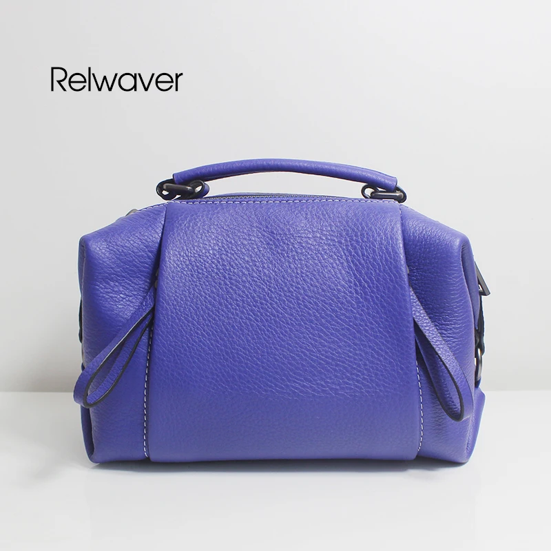 

Relwaver handbag genuine leather natural cow leather blue purple women's shoulder bag double zipper pillow shape messenger bags