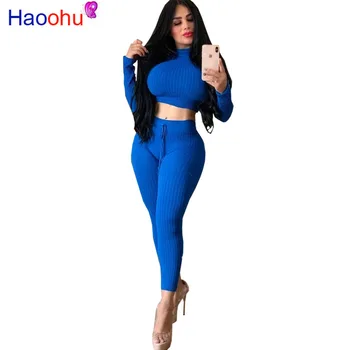 

HAOOHU Sexy Matching Set Turtleneck Long Sleeve Crop Top + Lace Up Pants Suits Women Clothing Fall Winter Casual Two Piece Set