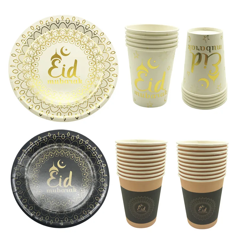 10pcs Ramadan Disposable Tableware Eid Mubarak Paper Plates Cups