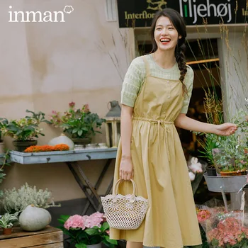 

INMAN 2020 Spring New Arrival Literary Pure Color Pure Cotton Square-cut Collar Drawstring Waist Sleeveless Slip Dress