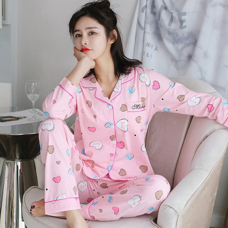 

New Style Color Peach Heart Small Fold-down Collar WOMEN'S Pajamas Autumn Sweet Cute Pure Cotton Korean-style Casual Cardigan Su