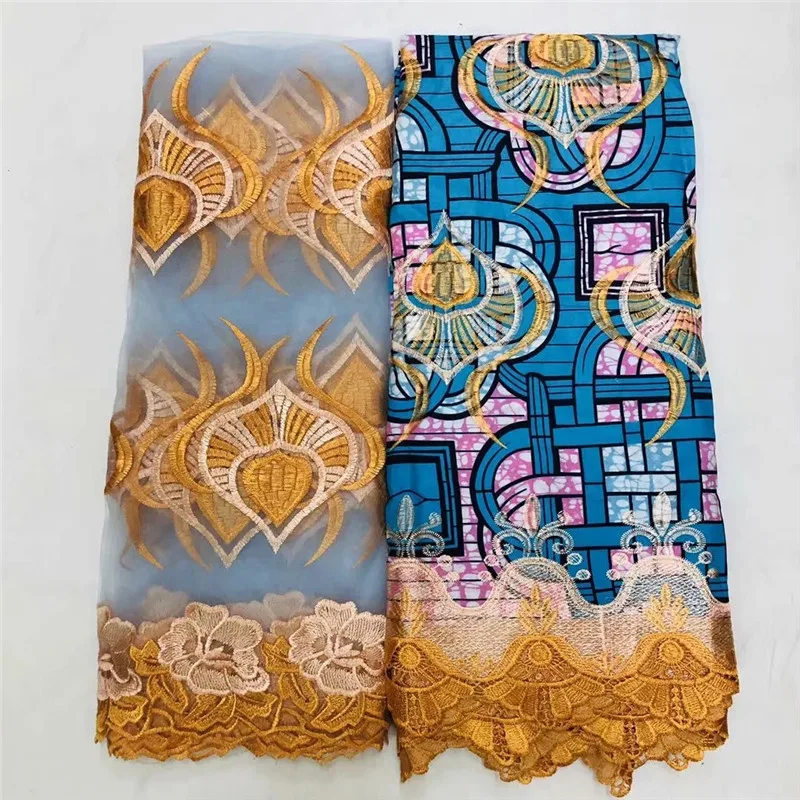 

2020 High Quality New Arrival Ankara 100% Cotton Wax Lace Wax Fabric African Embroidery Dutch Wax With scarf Lace Fabric XM03112