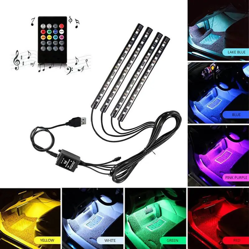 Car LED Strip Light, RGB 4pcs 48LED Multicolor Music Car Interior Lights Under Dash Lighting Waterproof Kit With Sound Active Fu
