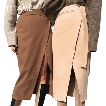 

TITAME Womens Spring Skirt Irregular Slit Female Brown Warm Clothes Lace-up Wrap Work Office Long Skirts