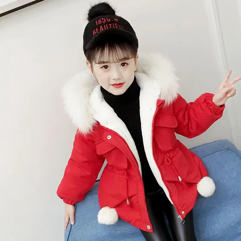 Winter Kids Girls Thickening Faux Fur Collar Cotton Jacket Baby Girls Hooded Casual Warm Outwear Children Padded Parkas K61