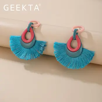 

Fashion Waterdrop Studs Bohemian Tassel Earrings Blue Cotton Fringe Fan Shape Drop Dangle Earrings for Women Party Jewelry Gift