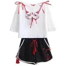 Футболка с нашивками в японском стиле с принтом лисы, юбка для девочек, летняя футболка, хлопковые костюмы для косплейной вечеринки, юбка для женщин
