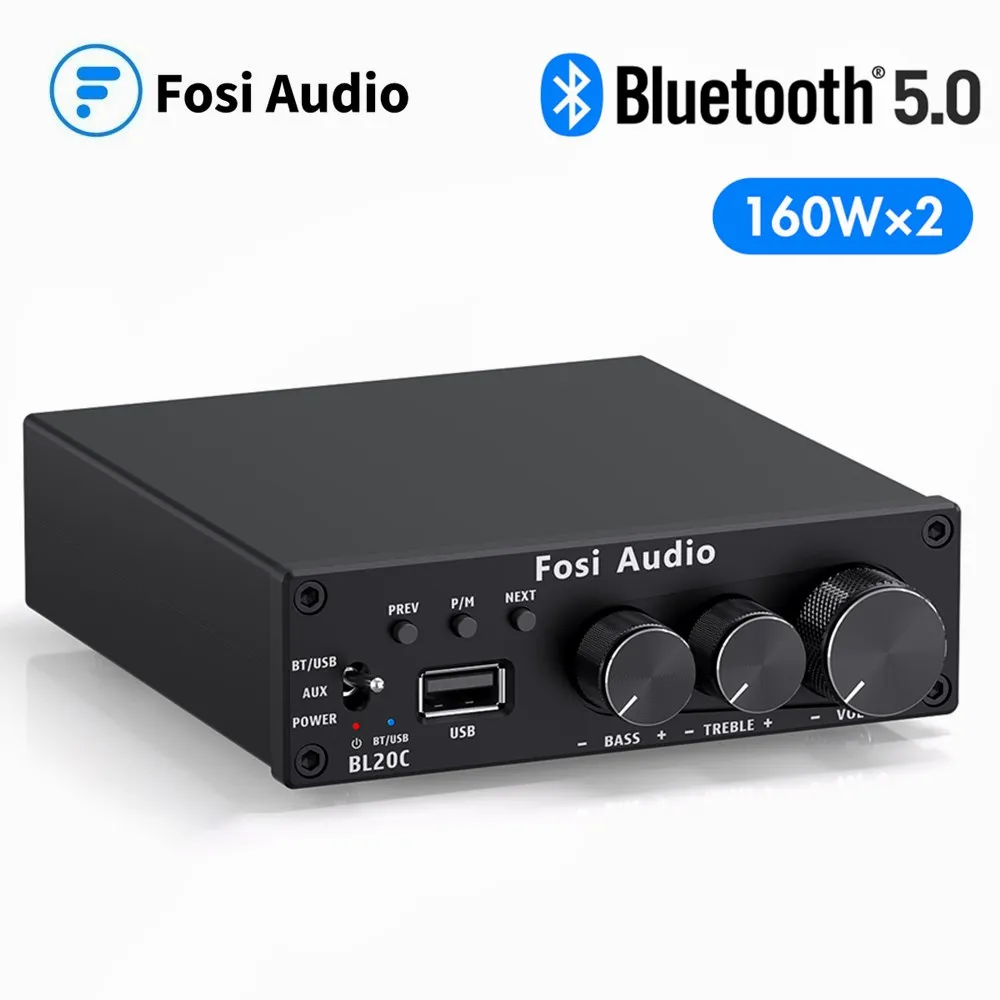 Fosi-AMPLIFICADOR DE Audio BL20C con fuente de alimentación de 32V, receptor de Audio HiFi con Bluetooth 5,0 2,1, reproductor de disco en U, Mini Clase D, 160W, x2