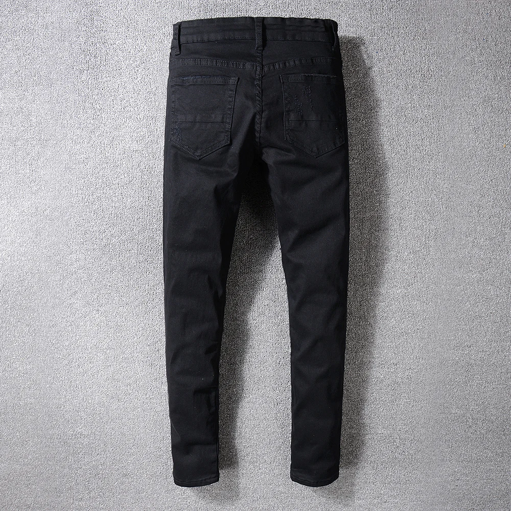 H.A.Sueno Men's Patch Design Ripped Black Biker Jeans Casual Slim Skinny Pleated Patchwork Distressed Denim Retro Pants /8