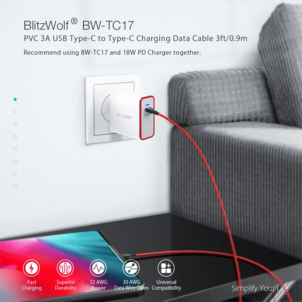 BlitzWolf 3A USB2.0 type-C to type-C PD Зарядное устройство USB C кабель для передачи данных для iPad Pro/Macbook для huawei Xiaomi смартфон