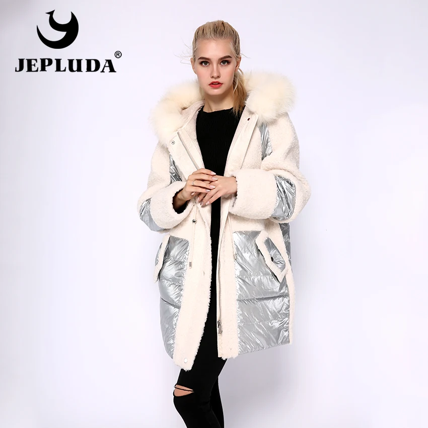 

JEPLUDA New Style Loose Type Plus Size Women Fur Jacket Wool Blends Mash up Down Hooded Natural Fox Fur Winter Coat Women Parka