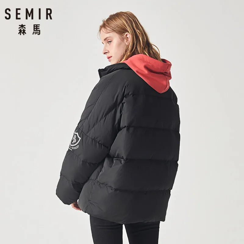 SEMIR Женская пуховая куртка с воротником-стойкой с косым карманом на молнии и застежке-кнопке, пуховая куртка, шелковистая подкладка из полиэстера