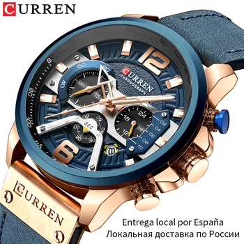 Relógio de pulso Curren de couro desportivo masculino – estilo militar – cronógrafo – azul