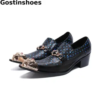 

Men Shoes Height Increased Genuine Leather Casual Shoes Stars Printed Blue Leisure Loafers Slip On Pointed Iron Cap Toe