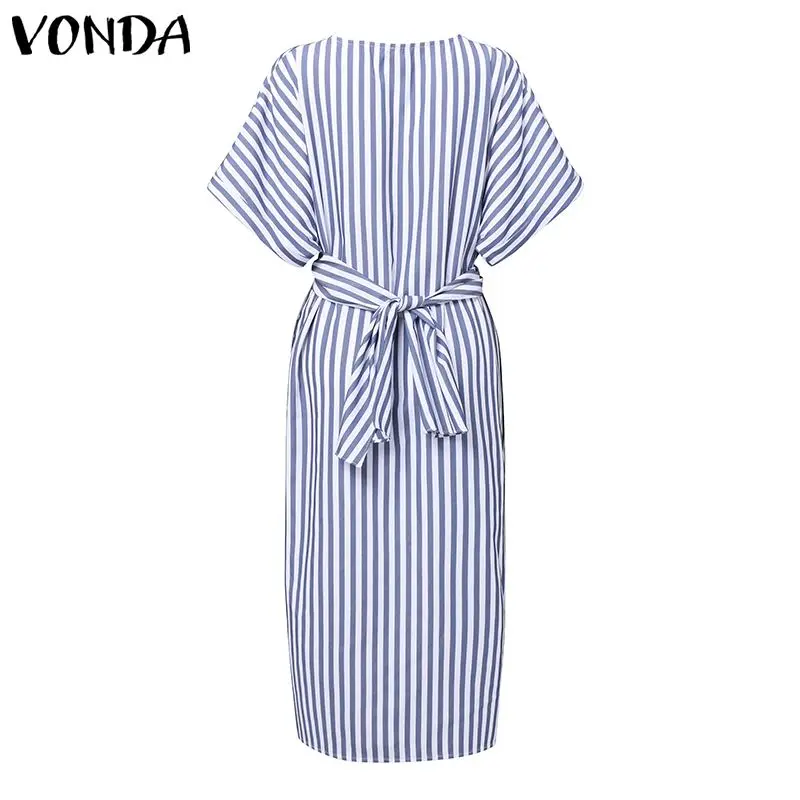 VONDA Elegant Striped Dress Women Casual O Neck Short Sleeve Mid-Calf Dresses Bohemian Beach Sundress Plus Size Loose Vestidos VONDA Elegant Striped Dress Women Casual O Neck Short Sleeve Mid-Calf Dresses Bohemian Beach Sundress Plus Size Loose Vestidos