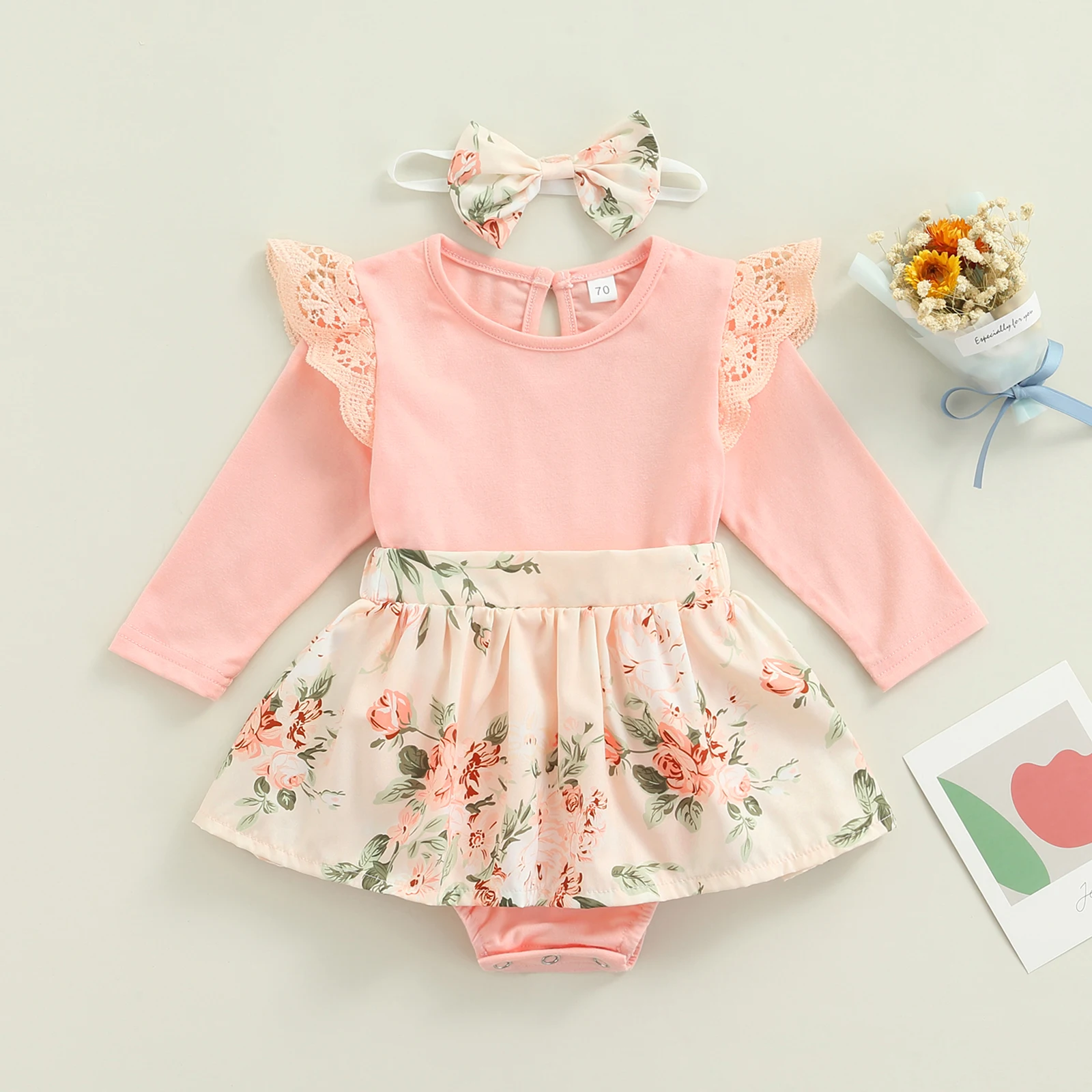 Baby Girl Spring Romper Infant Lace Fly Sleeve Ruffle Floral Patchwork