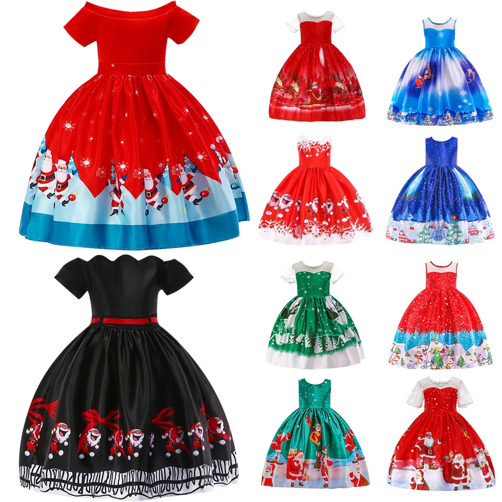 

2020 Europe And America New Style Girls Santa Claus Snowflake Satin Printed Dress Children Performance Performance Formal Dress