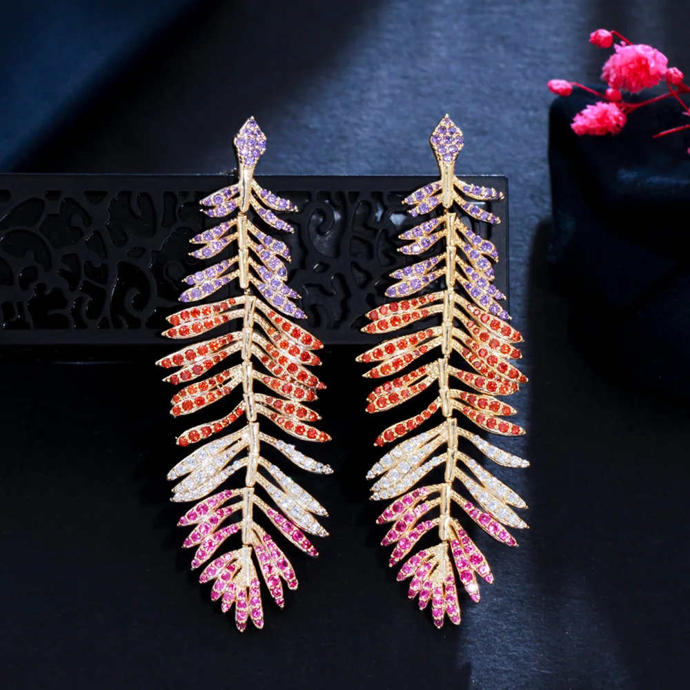 CWWZircons Luxury Multicolor Cubic Zirconia Long Drop Dangle Big Feather Earrings for Women Statement Wedding Jewelry CZ939