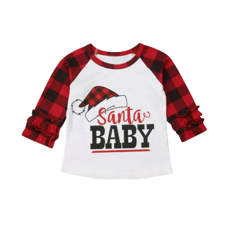 

Pudcoco Autumn Newborn Kids Baby Girls Christmas Checks Santa Print Baby Ruffles Long Sleeve Tops T-shirt Clothes Outfit